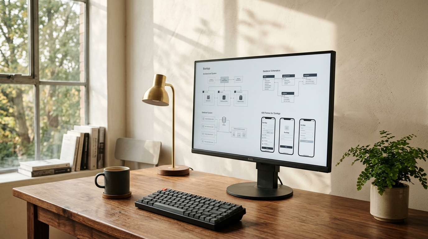 Sunlit senior software engineering desk with mobile architecture schematics and device frames