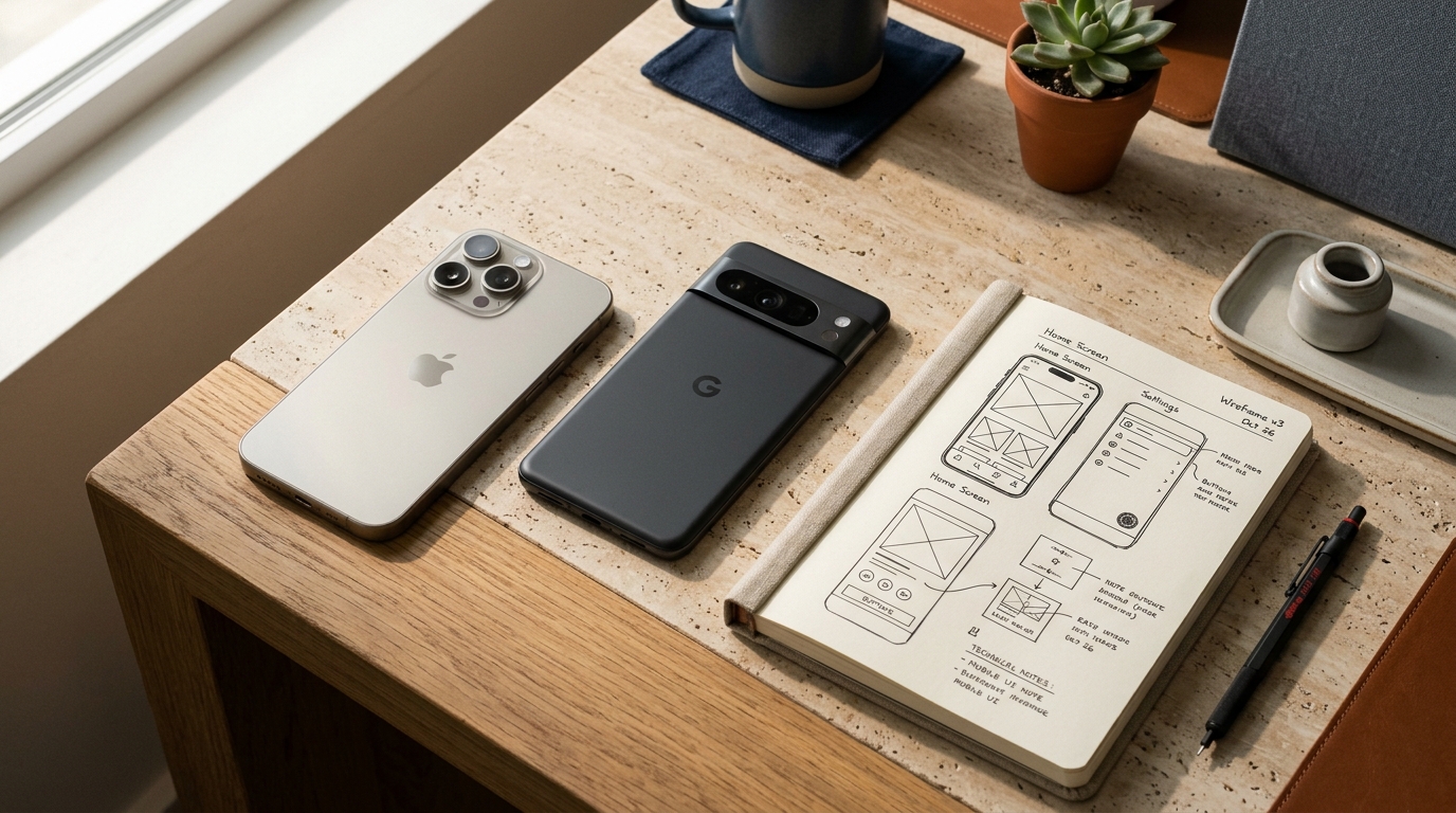 Brushed titanium iOS and matte obsidian Android devices beside architectural wireframe sketches on a travertine desk
