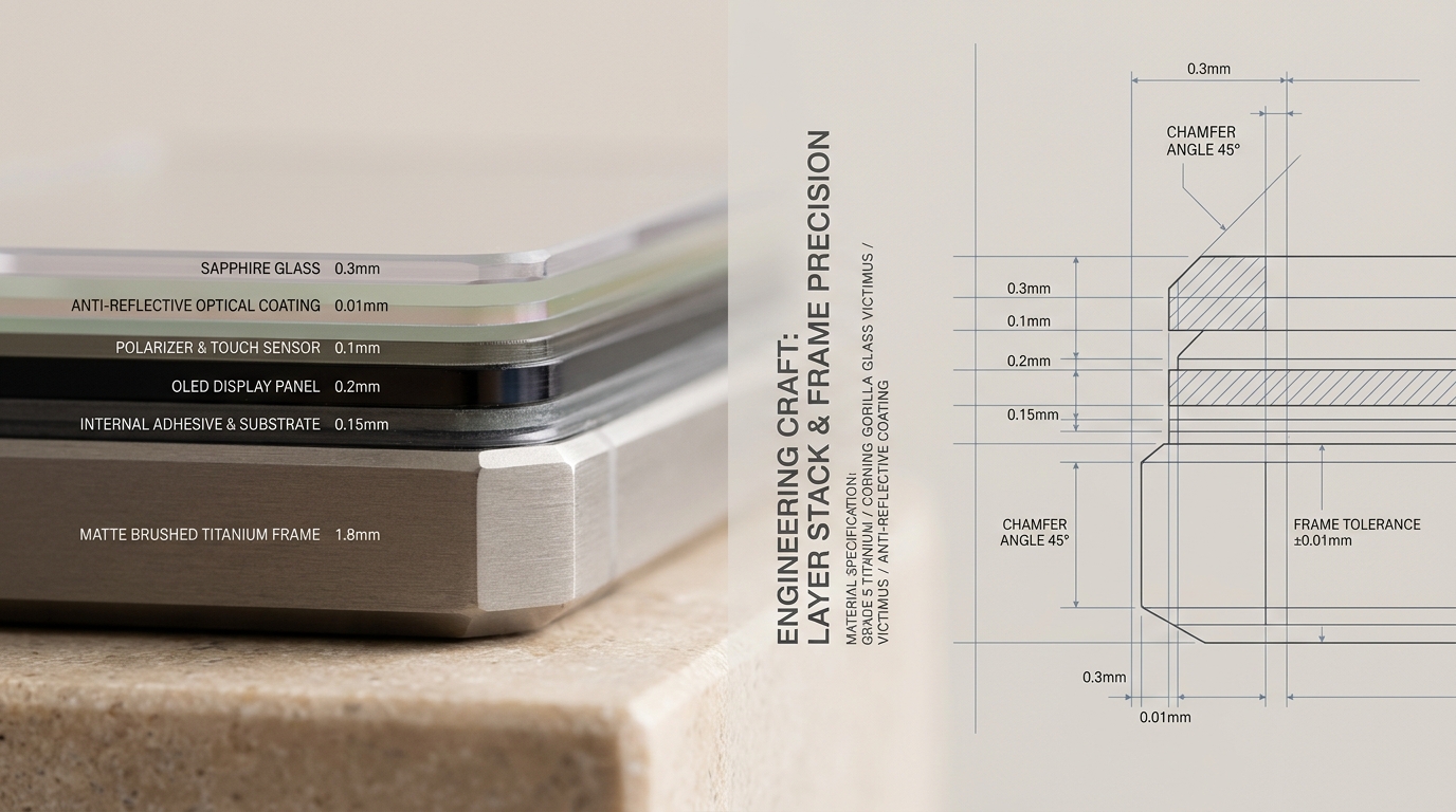 Macro engineering blueprint of smartphone optical glass layers and brushed titanium frame tolerances